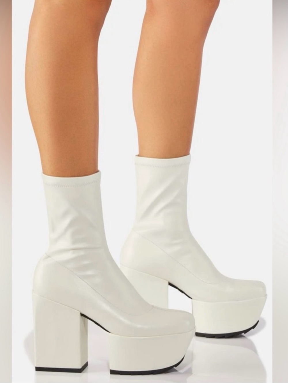 Platform Block Heel Sock Boots in White